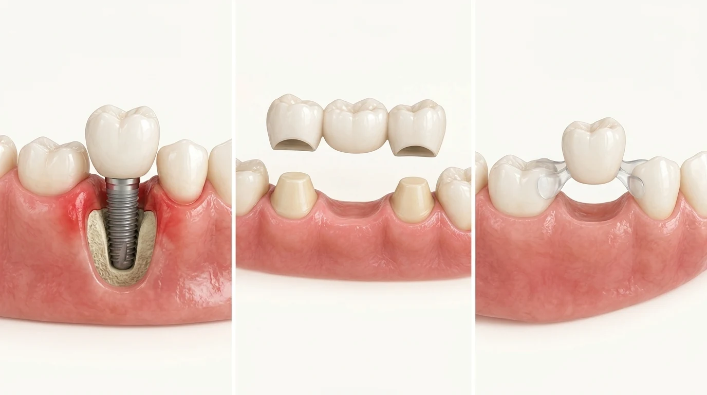 Porovnanie zásahu do chrupu: 1. Chirurgický implantát v kosti, 2. Obrúsenie zdravých susedných zubov pod mostík, 3. Neinvazívne uchytenie Denticor bez vŕtania a brúsenia
