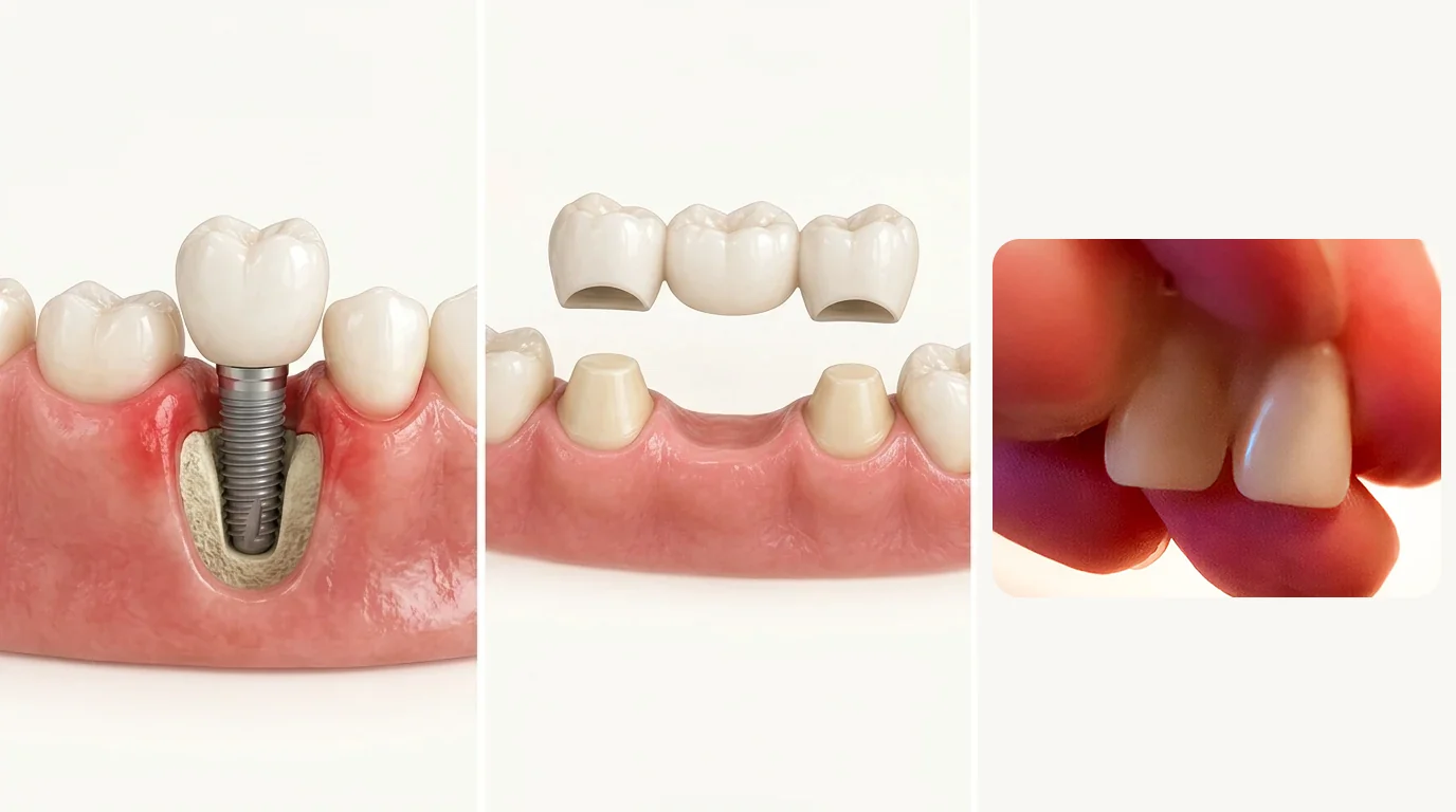 Porovnanie zásahu do chrupu: 1. Chirurgický implantát v kosti, 2. Obrúsenie zdravých susedných zubov pod mostík, 3. Skutočné zuby Denticor – bez vŕtania a brúsenia