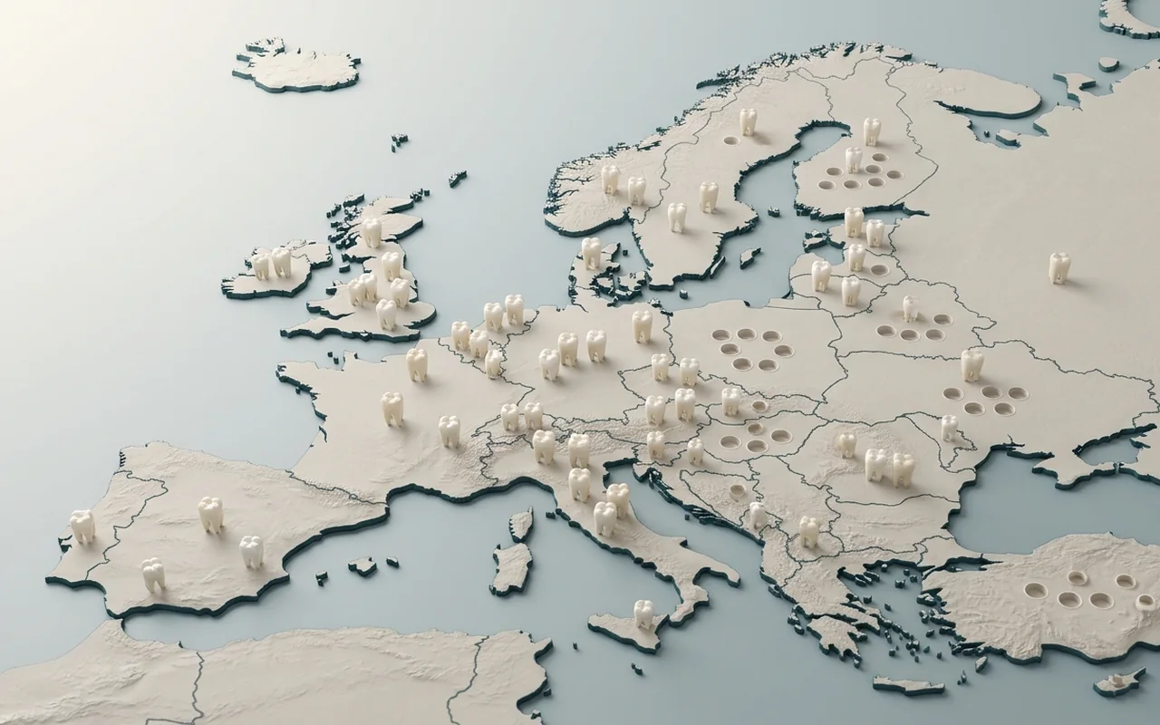 Mapa Európy so zubami ako značkami na krajinách