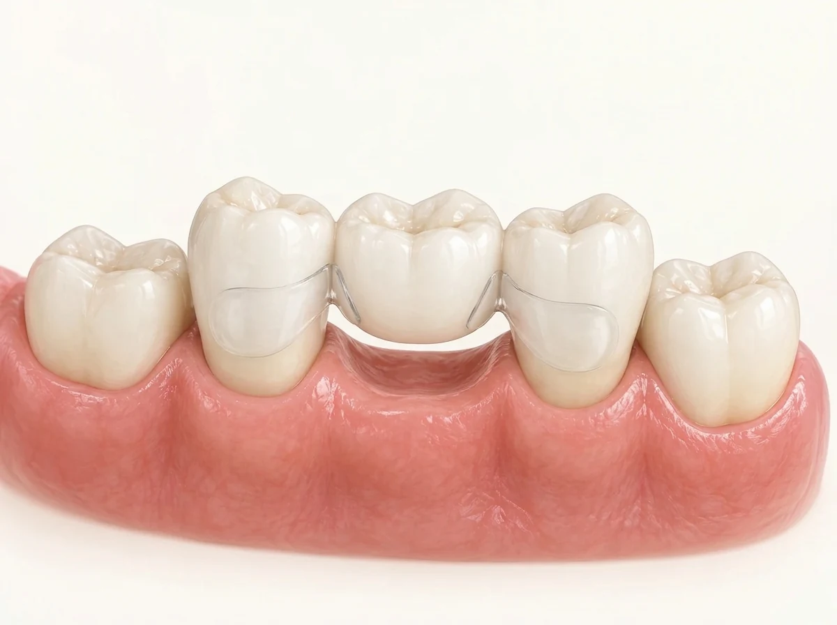 Detail neinvazívneho uchytenia Denticor medzi dvoma zdravými susednými zubami