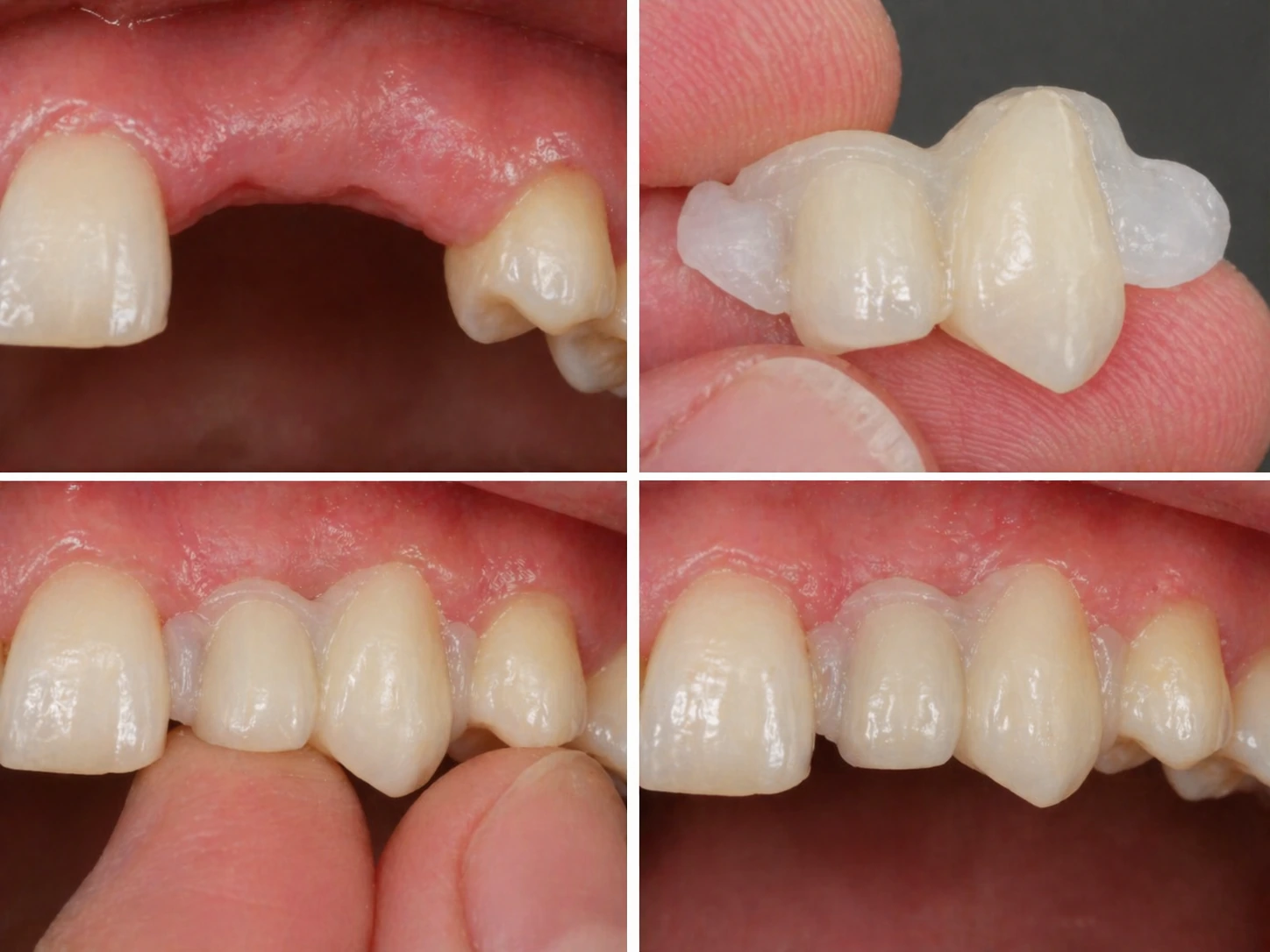 Denticor — chýbajúci horný bočný rezák a očný zub: medzera v úsmeve, hotová zubná náhrada v ruke, nasadenie a finálny výsledok v ústach