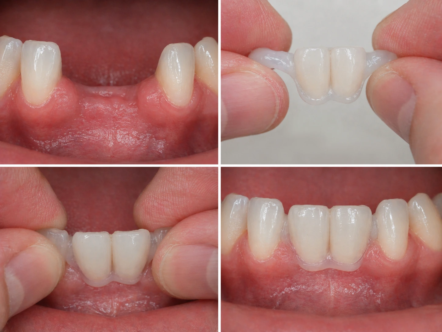 Denticor — chýbajúce dolné dva predné rezáky: medzera v úsmeve, vyrobená Denticor sada, vkladanie do úst a výsledok v úsmeve