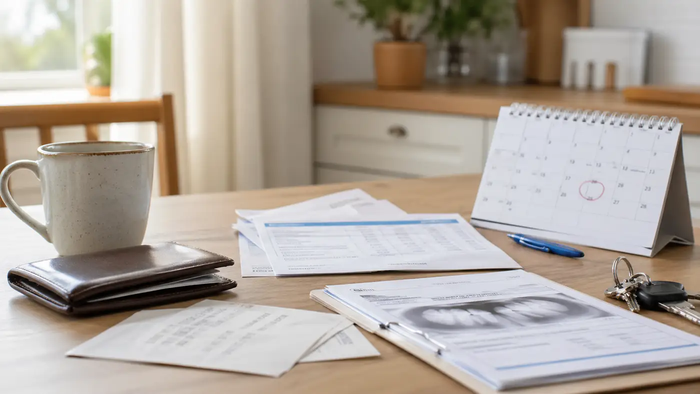 Peňaženka, účty, kalendár a dokumenty na stole ako symbol obdobia, keď človek čaká na definitívne riešenie a rieši náklady.