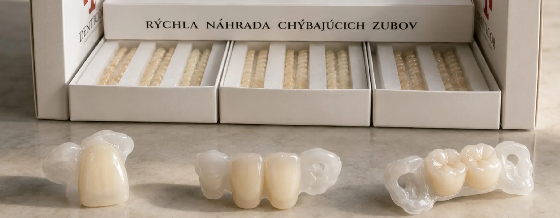 Balenie Denticor so zubnými náhradami a sadami koruniek