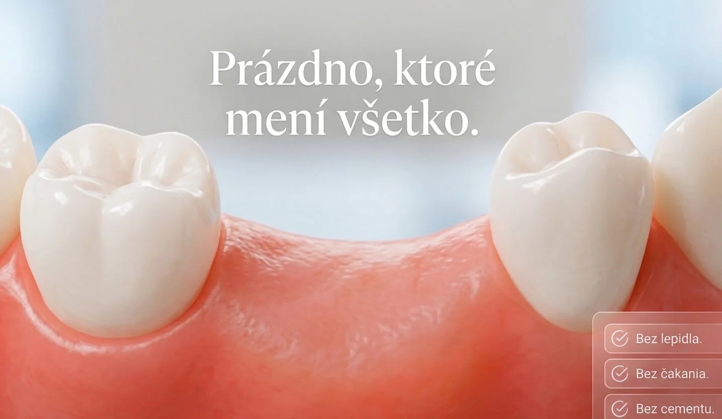Prázdno, ktoré mení všetko — chýbajúci zub bez lepidla, čakania ani cementu