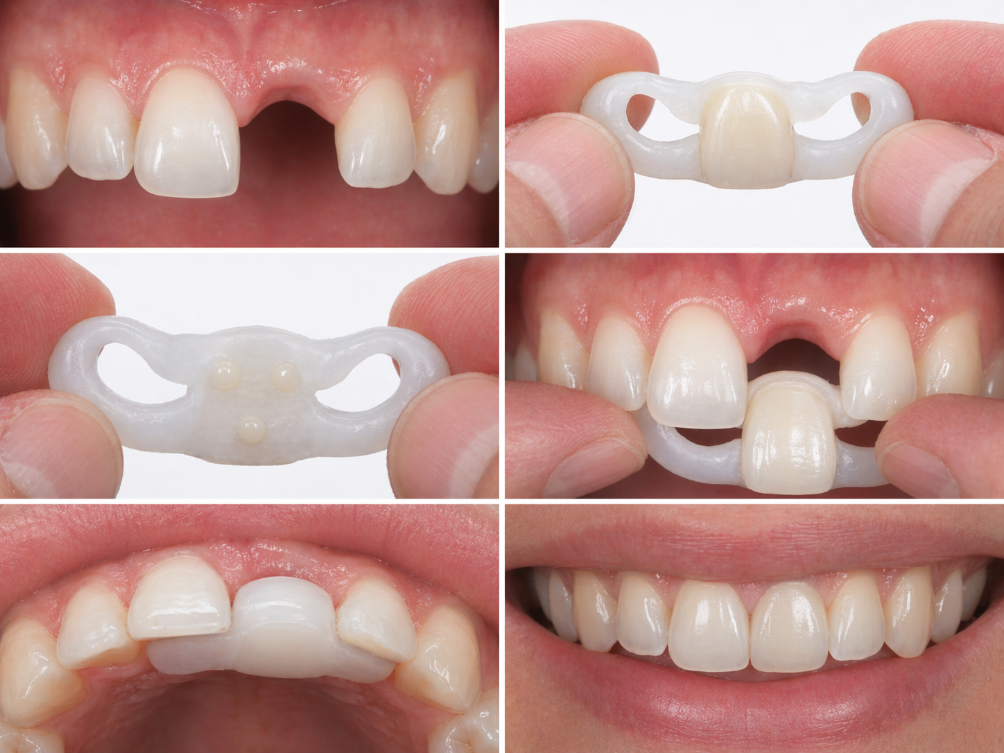 Fotografické vysvetlenie princípu náhrady jedného predného zuba s pridanou Coregou