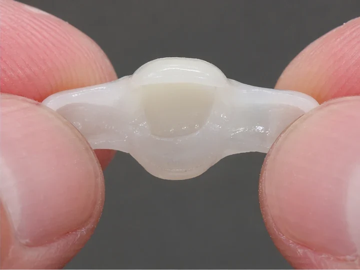 DentiFlex mostík s korunkou držaný v prstoch zo zadnej strany — vidno bočné výbežky, ktoré obopnú susedné zuby