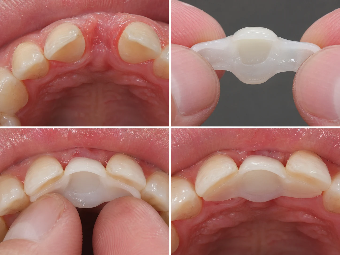 Štvorkrokový pohľad zo zadnej strany na DentiFlex mostík a korunku