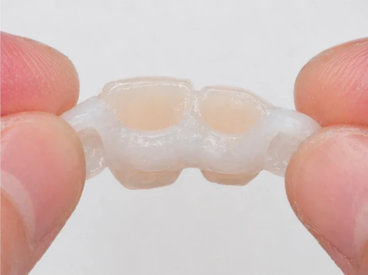 Denticor pre horný stredný a bočný rezák – pohľad zozadu od podnebia: tvar mostíka a dosadnutie za novými zubami