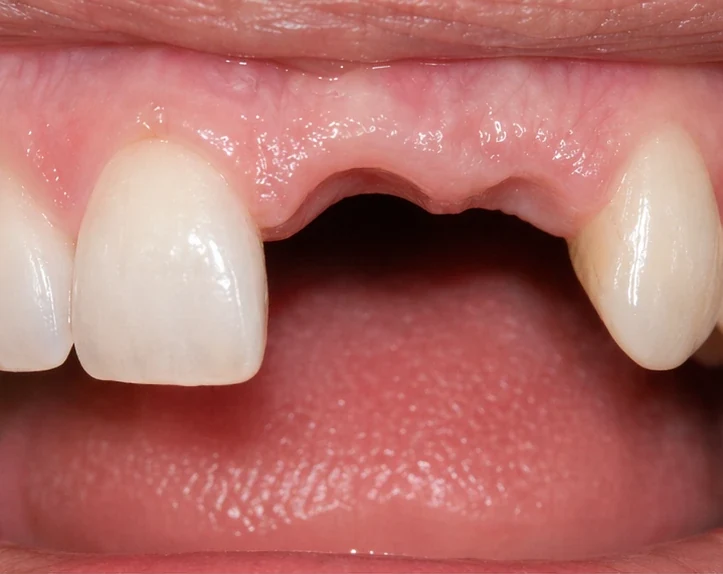 Denticor pre horný stredný a bočný rezák – pohľad spredu: medzera, pripravená náhrada, vloženie a výsledok