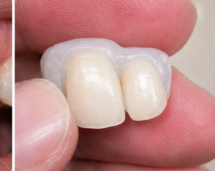 Denticor pre horný stredný a bočný rezák – pohľad spredu: medzera, pripravená náhrada, vloženie a výsledok