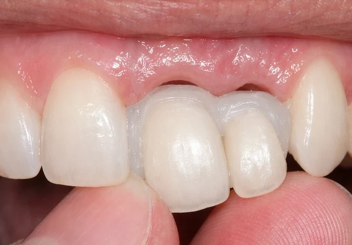 Denticor pre horný stredný a bočný rezák – pohľad spredu: medzera, pripravená náhrada, vloženie a výsledok