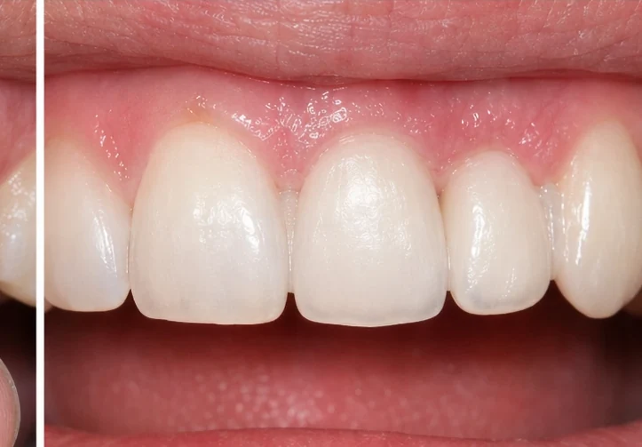 Denticor pre horný stredný a bočný rezák – pohľad spredu: medzera, pripravená náhrada, vloženie a výsledok