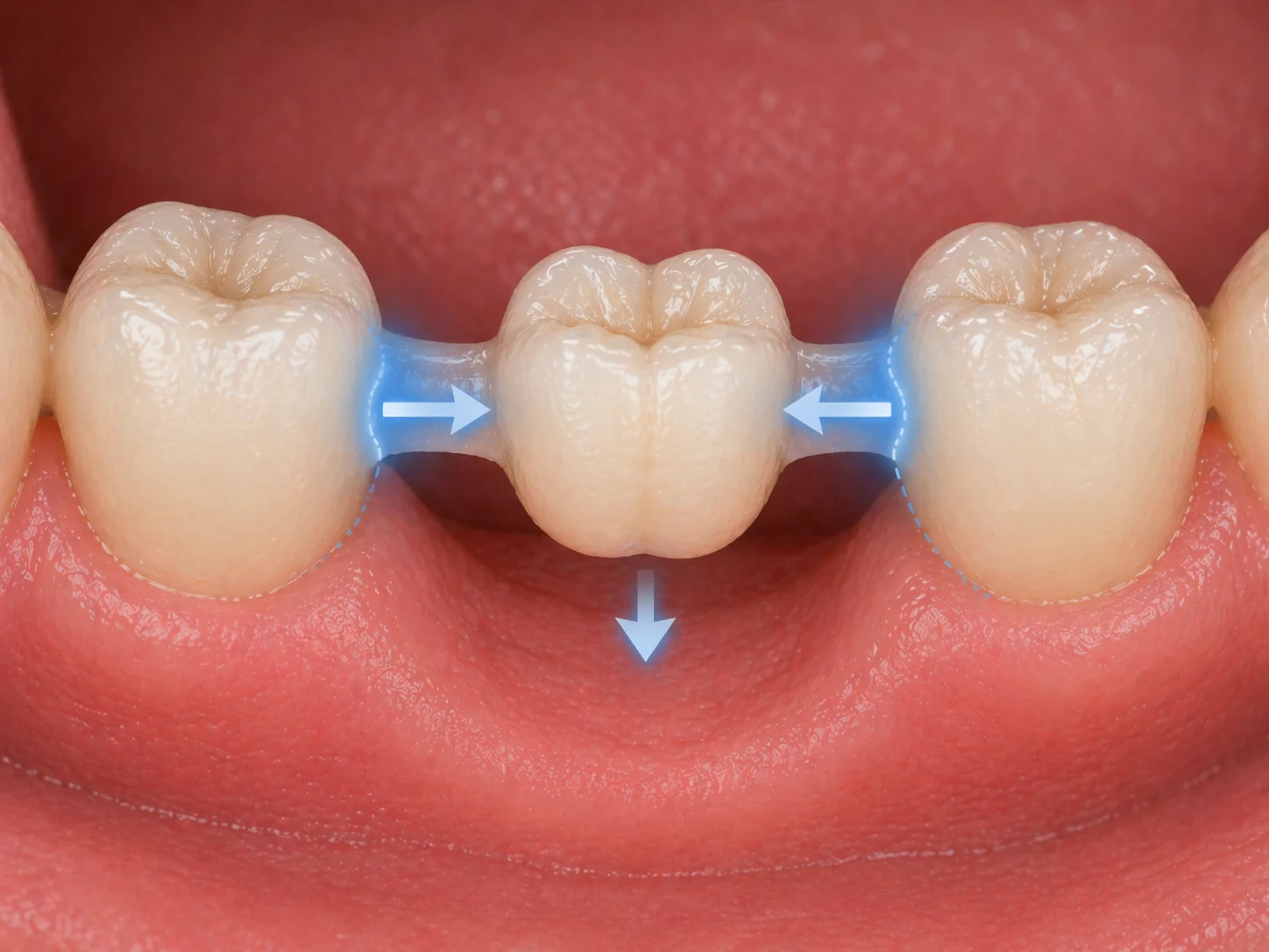 Mechanické uchytenie zubnej náhrady — DentiFlex mostík sa po pritlačení k susedným zubom zaklieska do bočných nerovností