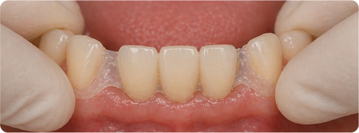 Výsledok po nasadení náhrady Denticor na spodné predné zuby